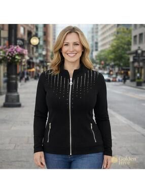 Christine Alexander Rhinestone Zip Jacket Black Stretch Blazer Size Medium
